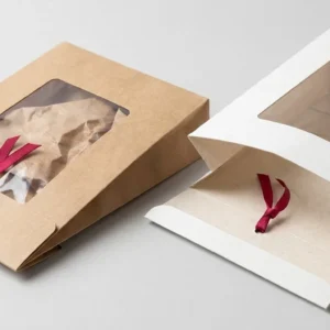 Custom Windows Ziplock Paper Bags, closed and open view in natural kraft and white, bulk and wholesale with no minimum order