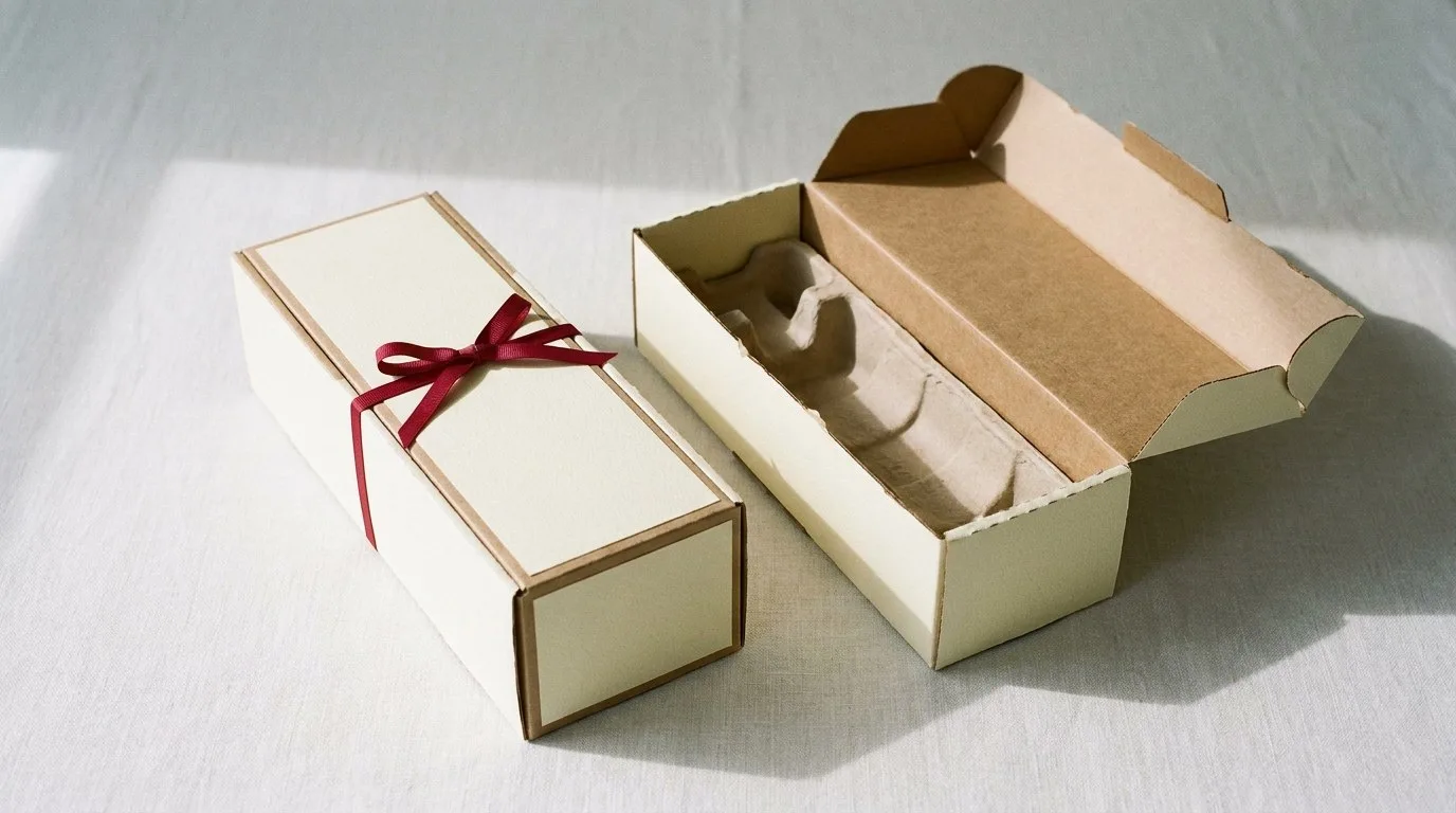 Custom Wine Gift Boxes, closed and open view in butter cream, bulk and wholesale with no minimum order