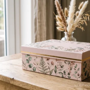 Custom wrap box in blush pink finished with a printed botanical paper wrap and a gold foil band around the base of the lid.