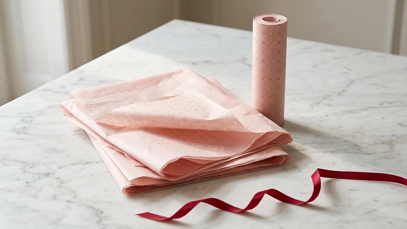 Printed blush tissue sheets with a small repeating motif beside a matching roll of wrapping paper.