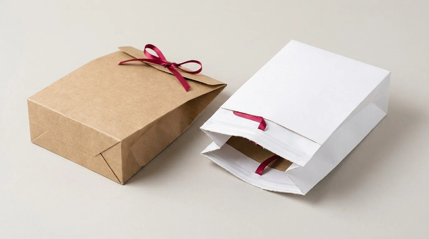Custom Zip Lock Paper Bags, closed and open view in natural kraft and white, bulk and wholesale with no minimum order