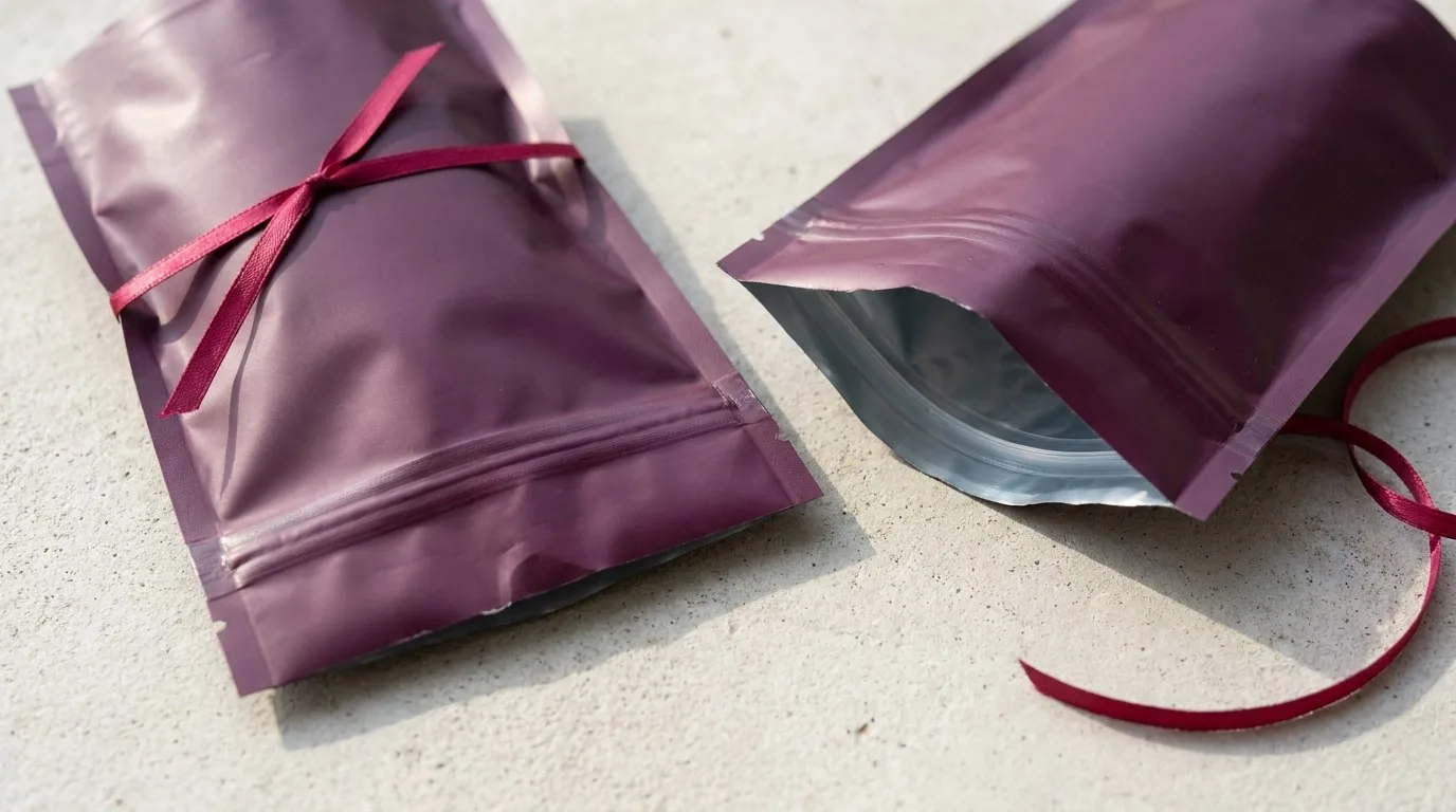 Custom Zipper Mylar Pouches, closed and open view in deep plum, bulk and wholesale with no minimum order