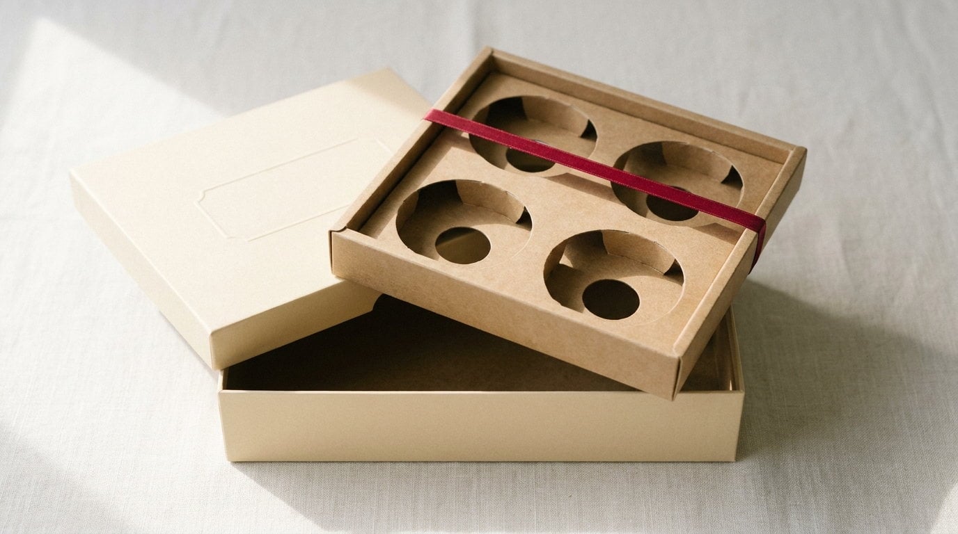 A donut tray box open with its fitted tray insert lifted out