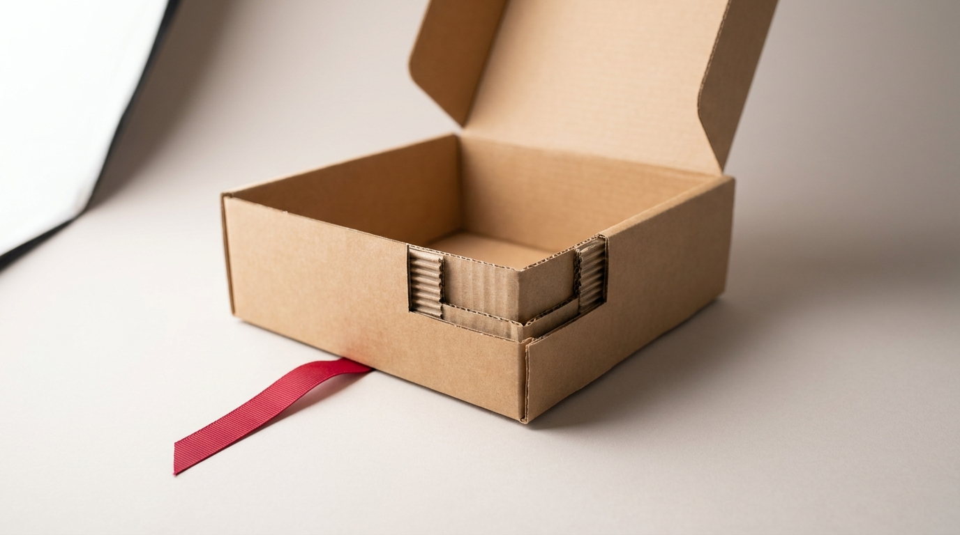 A kraft double wall tuck top box open with a corner showing its twin flute layers