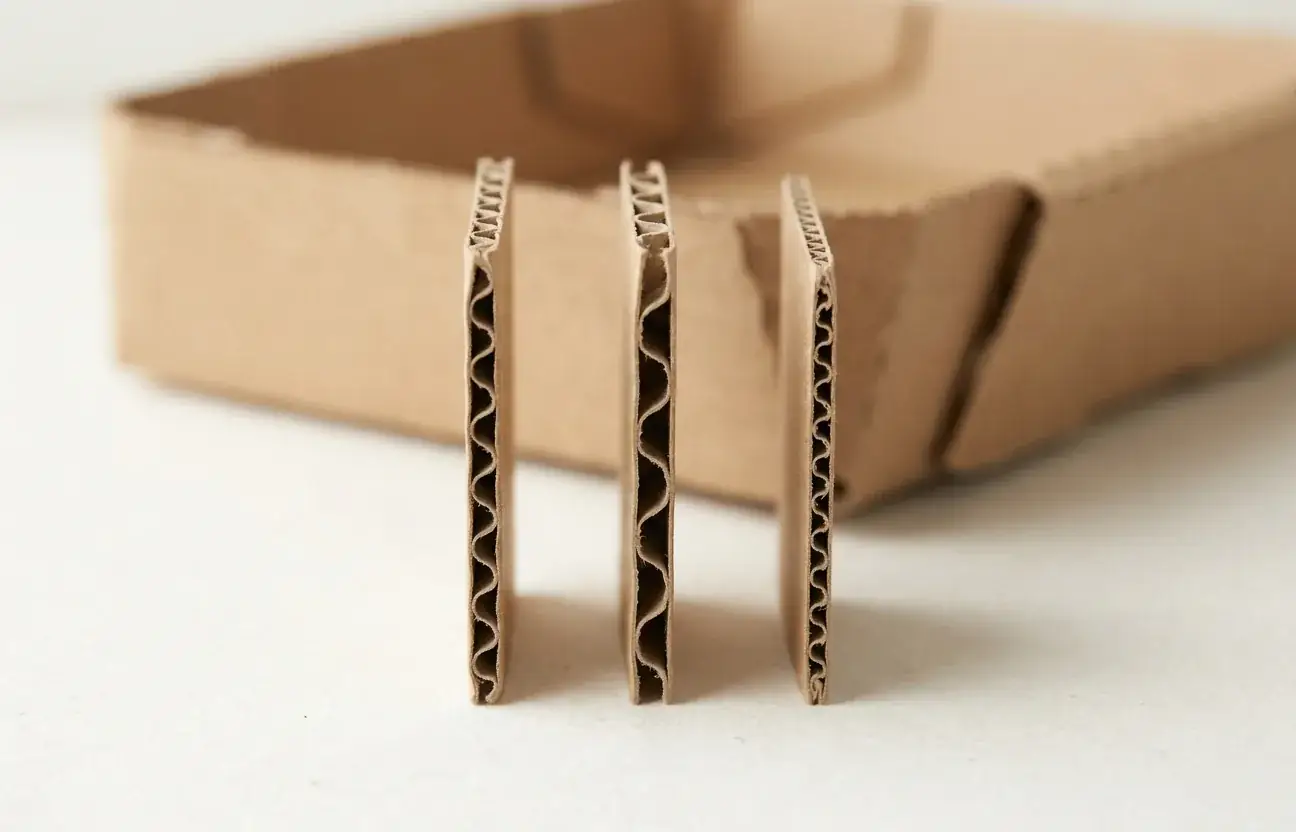 Cut edges of B flute, C flute and E flute corrugated board next to a corrugated drink tray corner