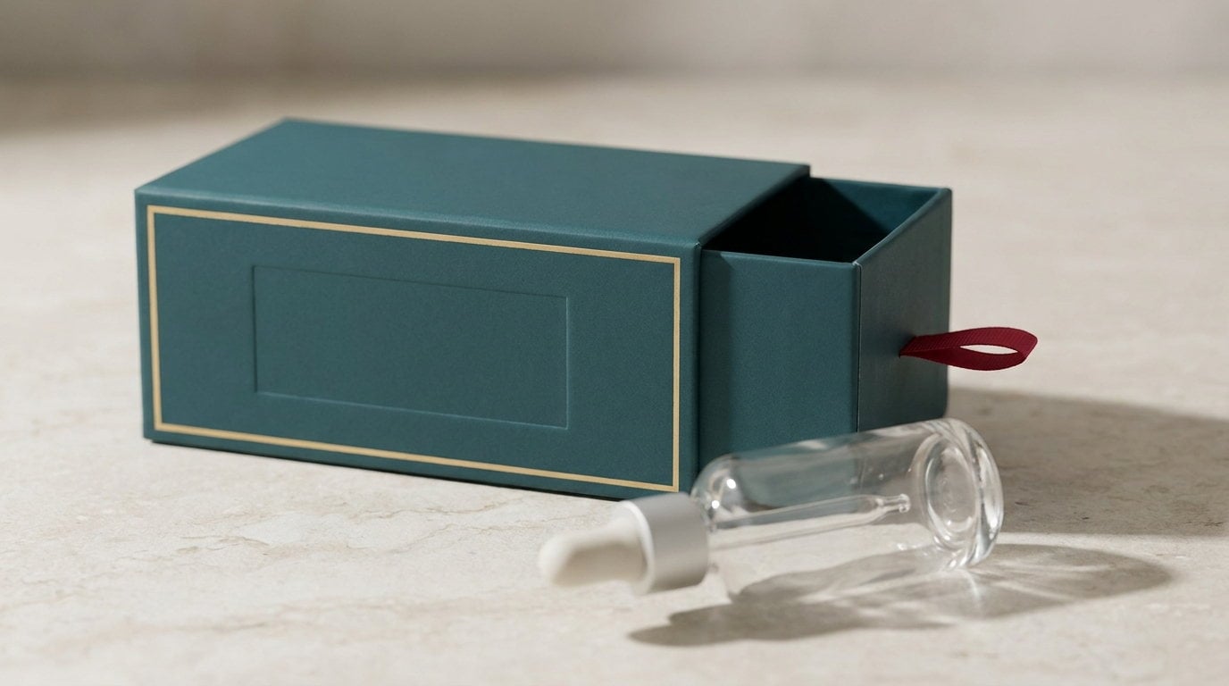 A teal carton open with a plain dropper bottle lying in front