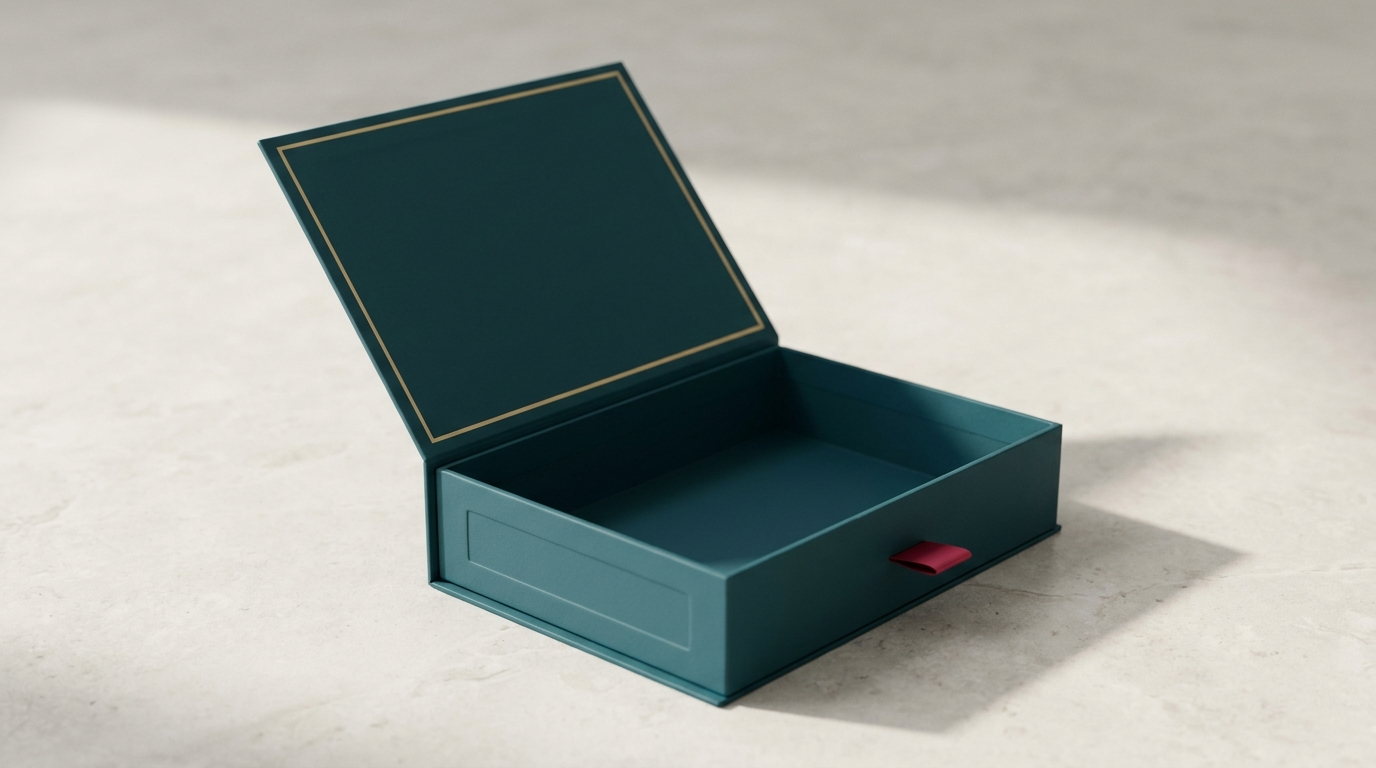 A teal carton open with the lid hinged back and an empty tray
