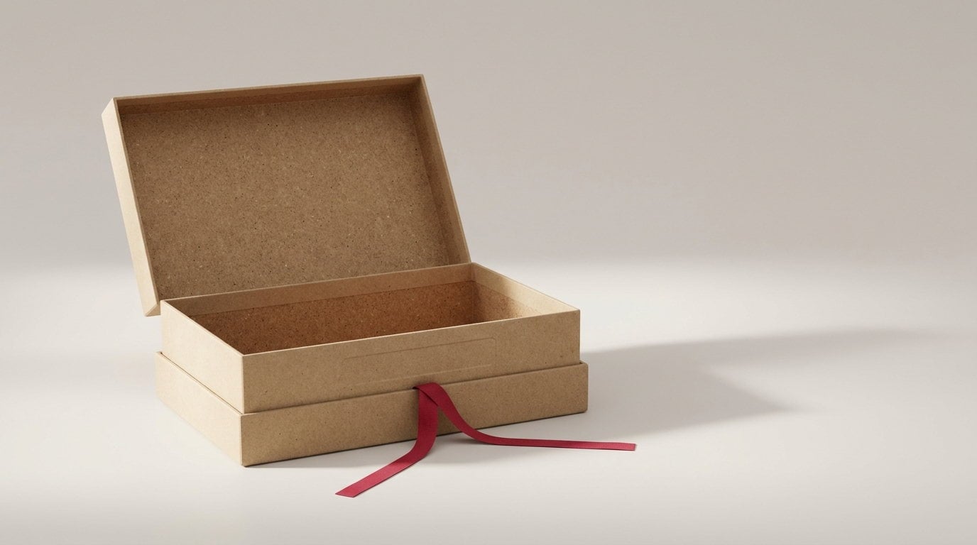 A recycled kraft box open showing its speckled uncoated interior
