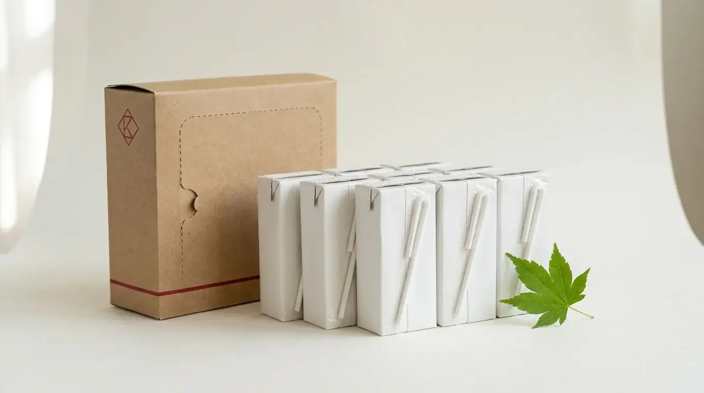 Recyclable kraft paperboard juice multipack carton beside the small juice bricks it holds