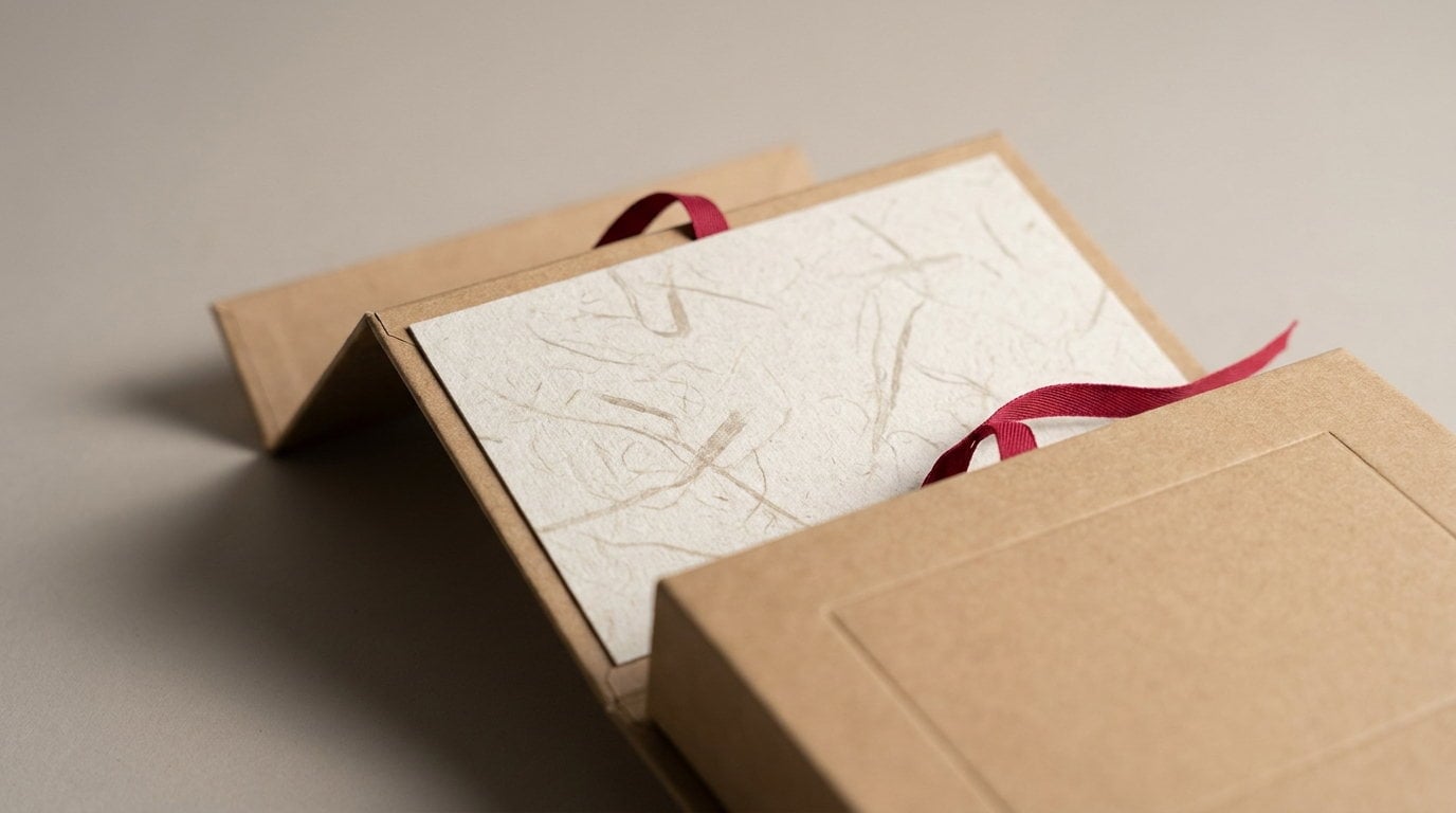 A kraft box open with a printed inner panel and visible paper fibres