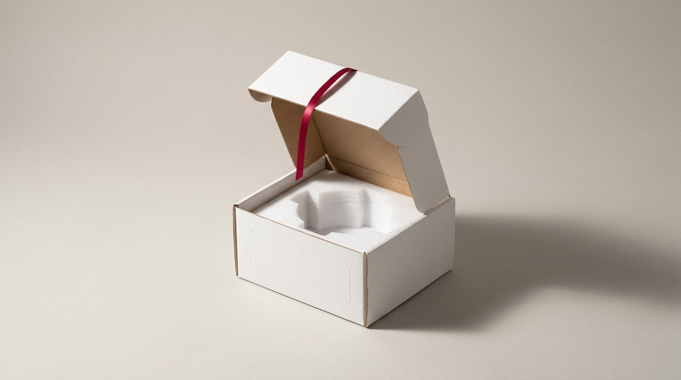 A white electronics carton open with an empty foam cradle inside
