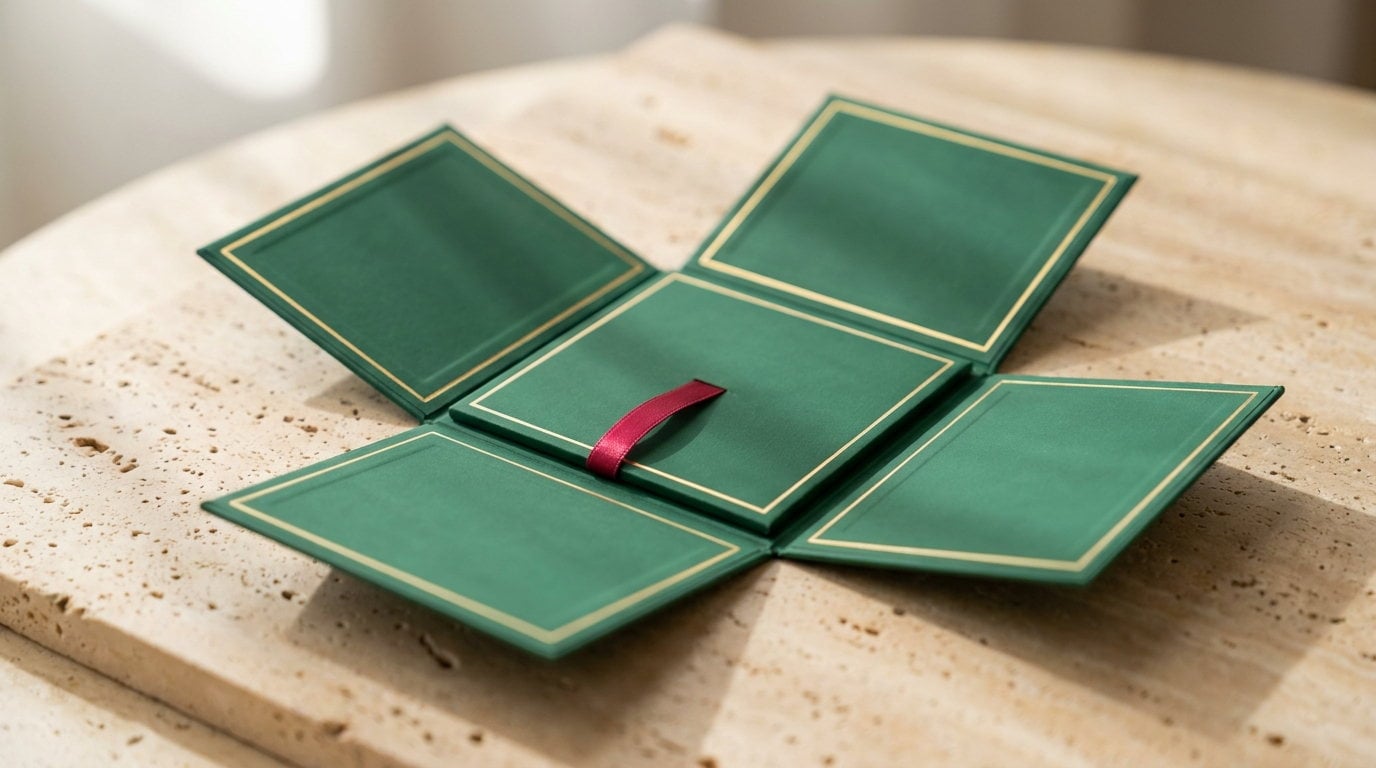 An emerald explosion box opened flat with all four panels folded down