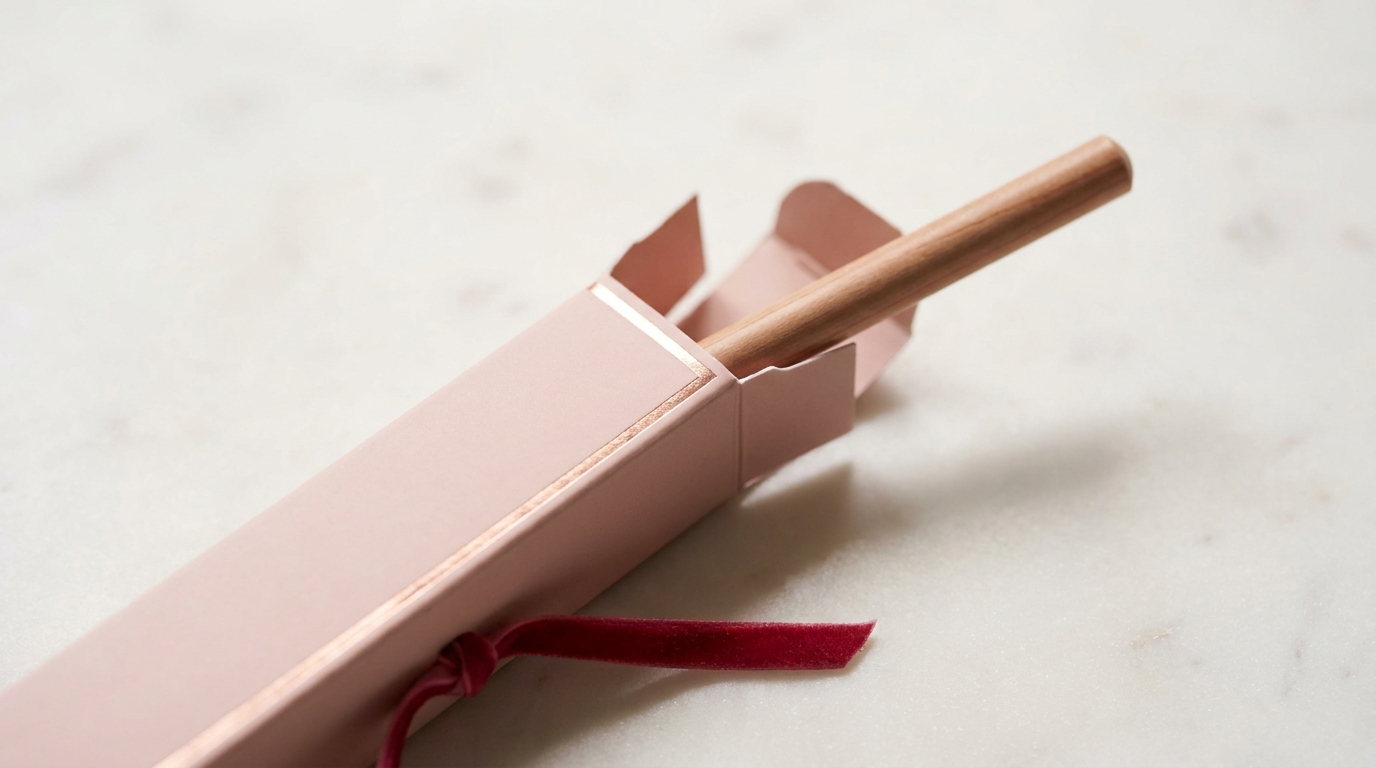 A narrow blush carton open with a plain liner pencil angled out