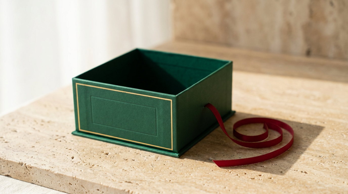 An emerald favor box open with a crimson ribbon loose beside it