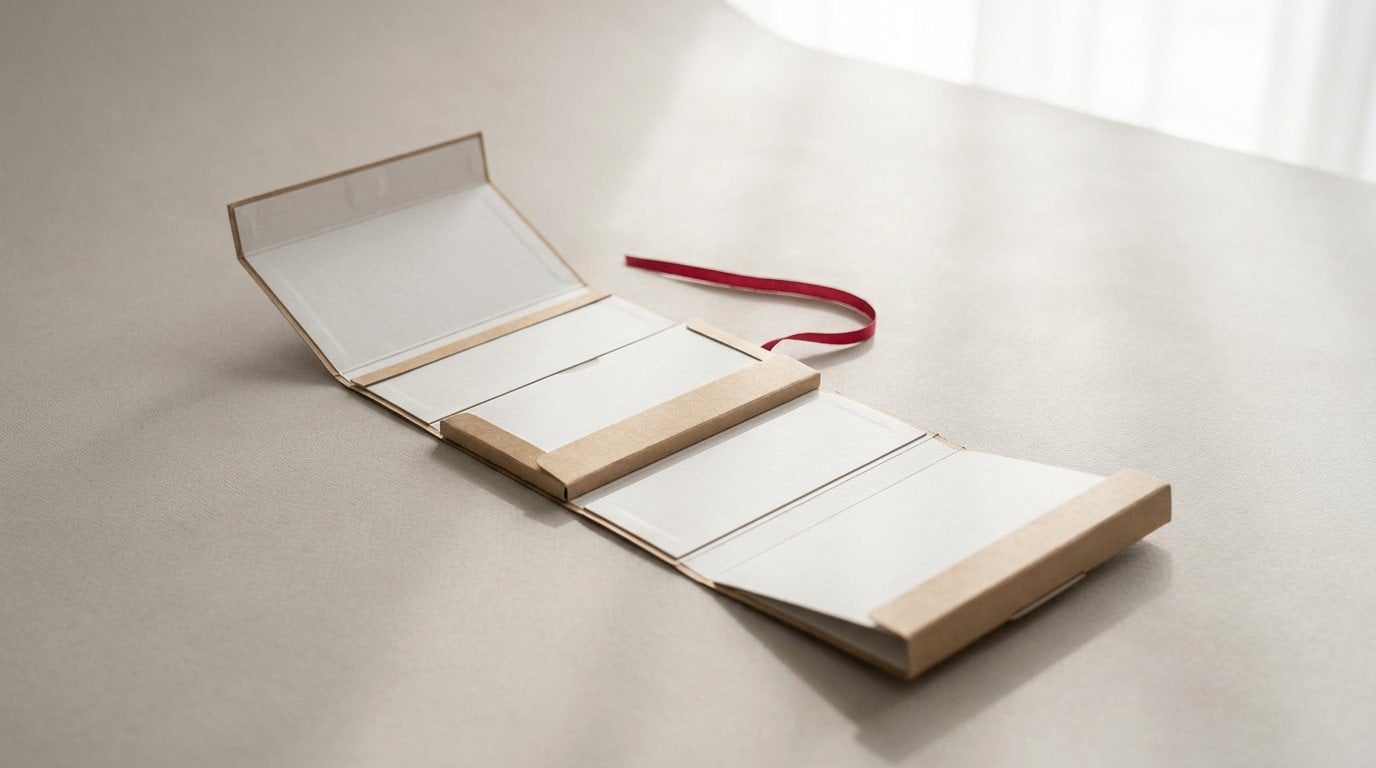 A five panel hanger box opened flat with the header fold visible