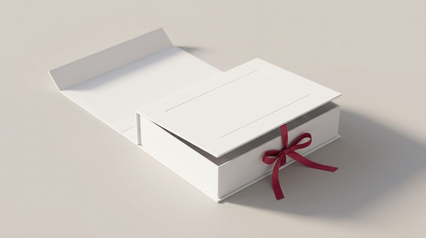 A white flip top box open on its hinge with the lid laid back