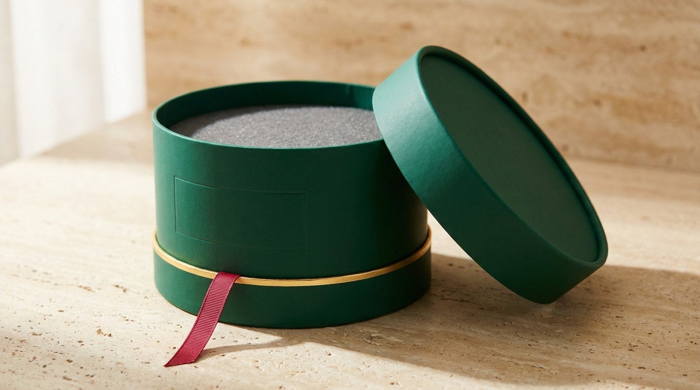 An emerald cylindrical floral box with the lid lifted to show the foam base
