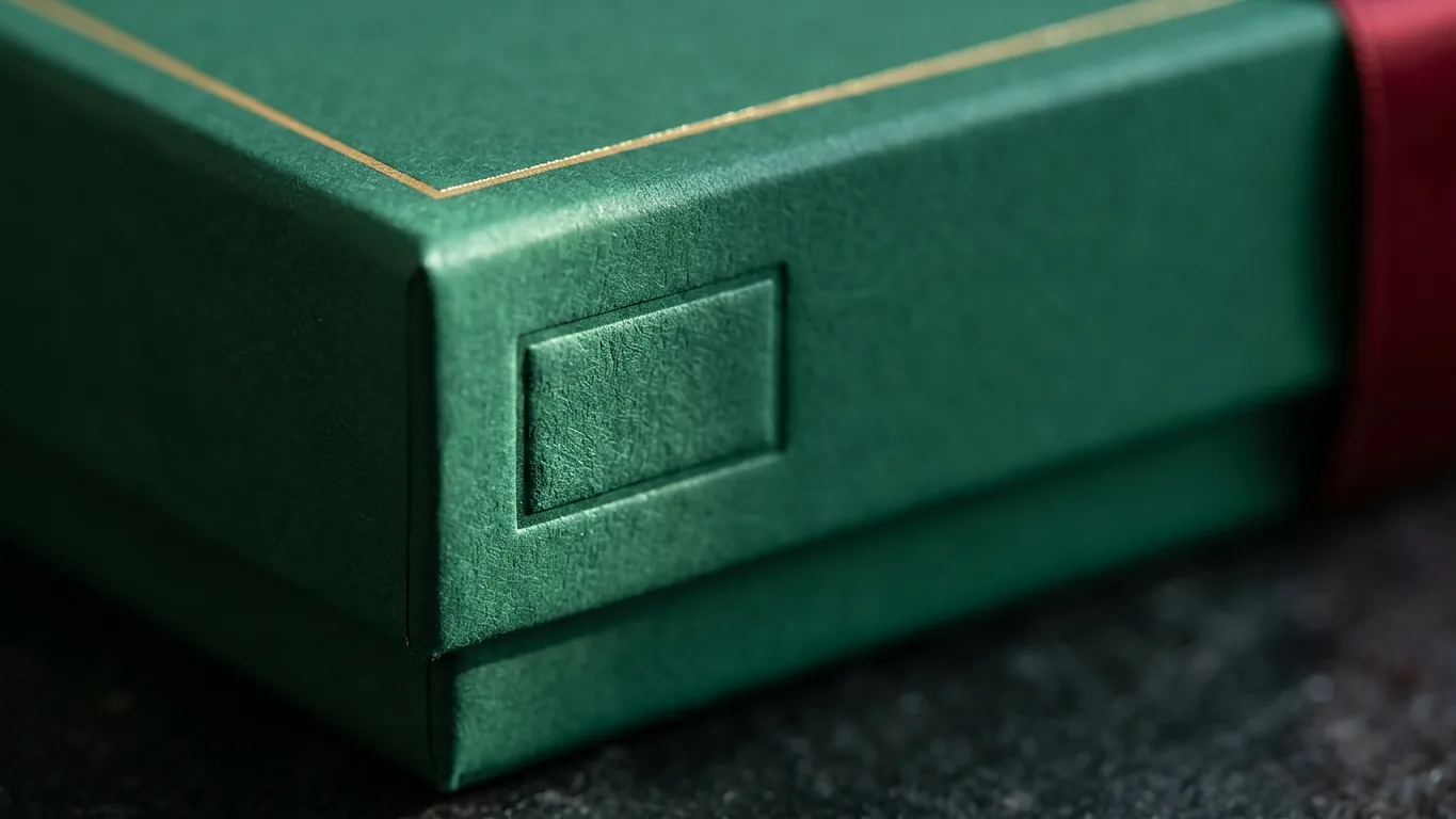 Macro of an emerald lid corner with a thin gold foil edge line beside a blank debossed panel.