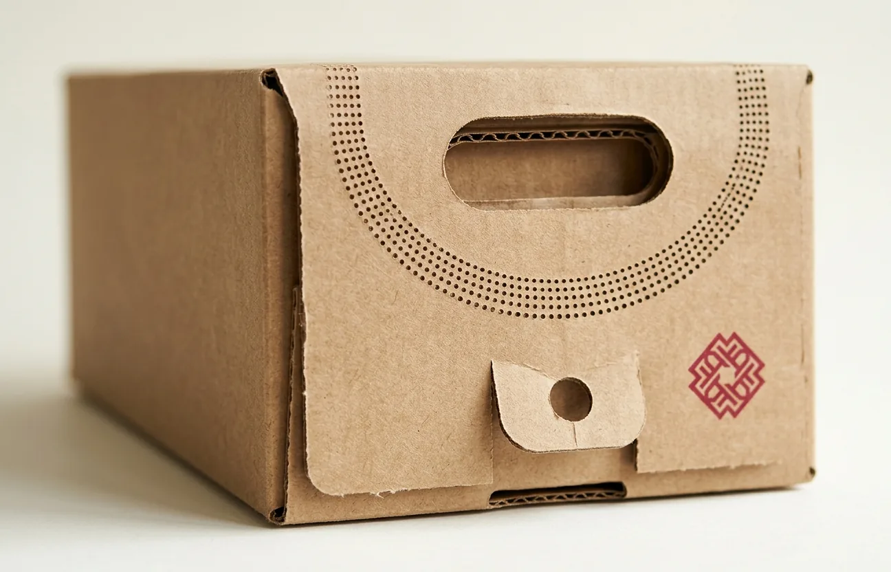 Close up of a fridge pack carton showing the perforated tear panel, thumb tab and doubled handle