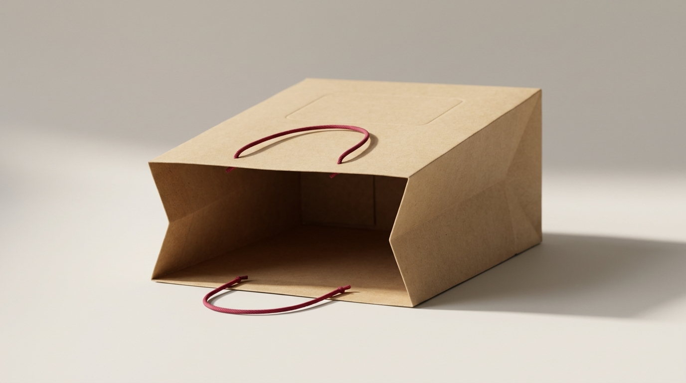A kraft gable bag open at the top with its auto bottom base visible