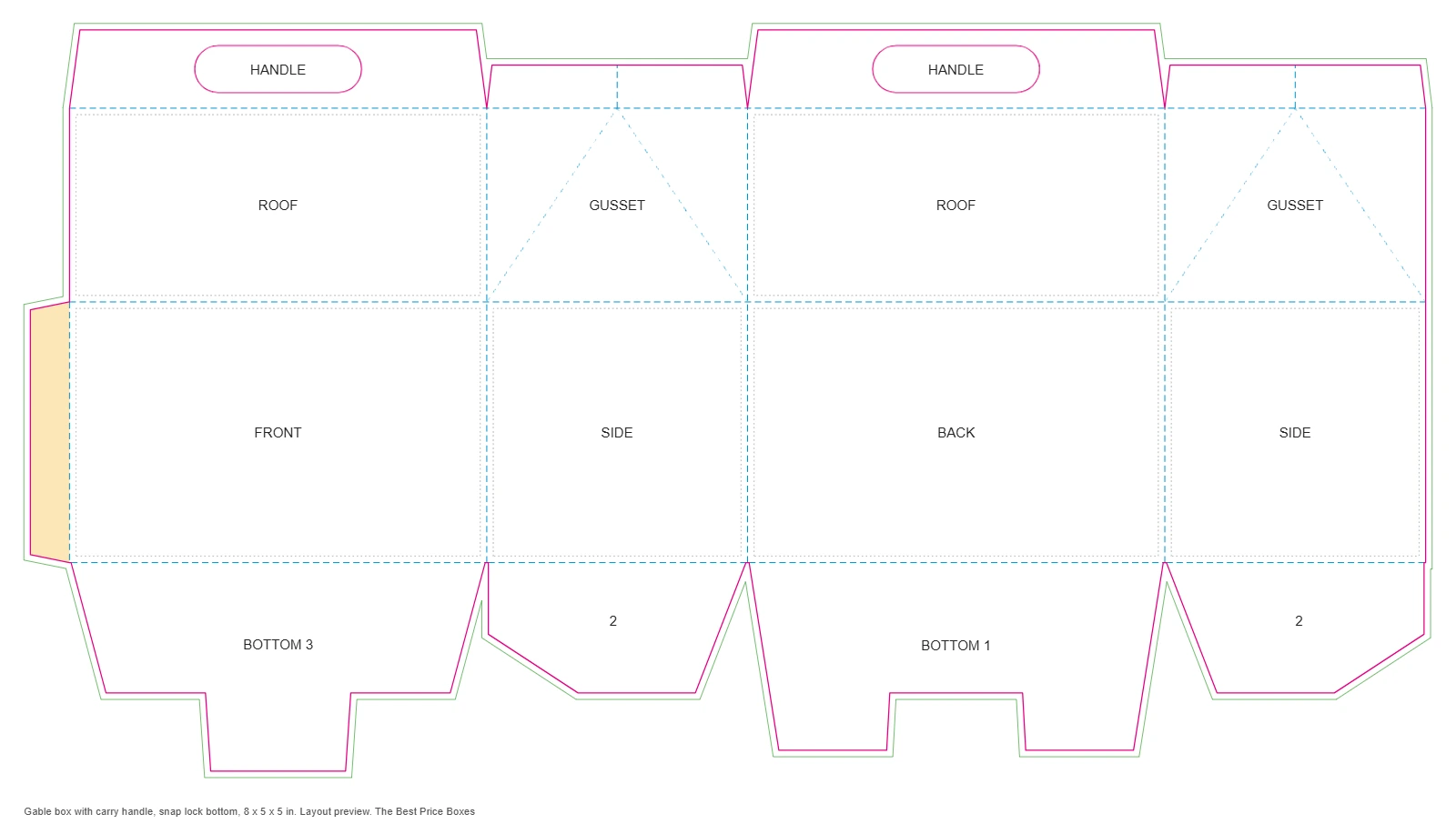 Gable box dieline template showing front, back and side panels, roof panels, folding side gussets, carry handle slots and snap lock bottom