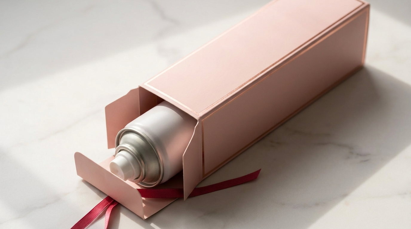 A tall blush carton with a plain aerosol can partly withdrawn
