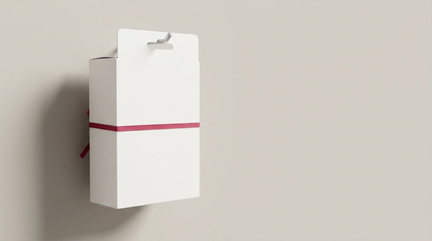 A white hang tab carton hung from a peg rail by its euro slot