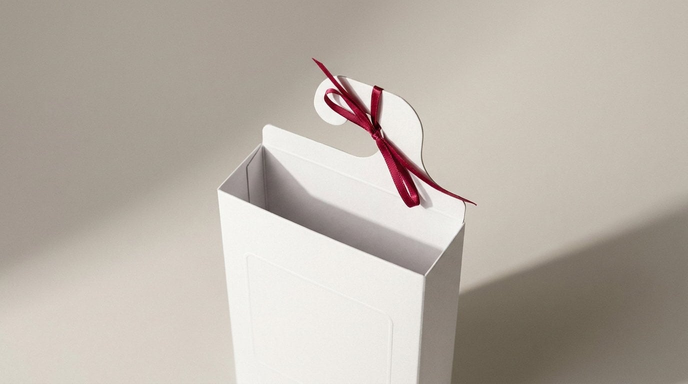 A white hanger box open showing the reinforced hook fold inside