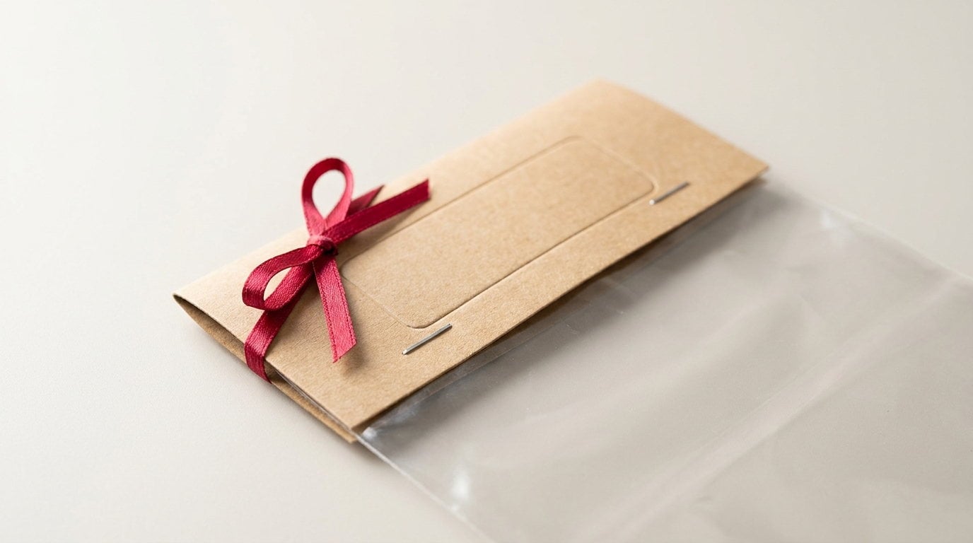 A kraft header card folded over a bag with the stapled edge in view