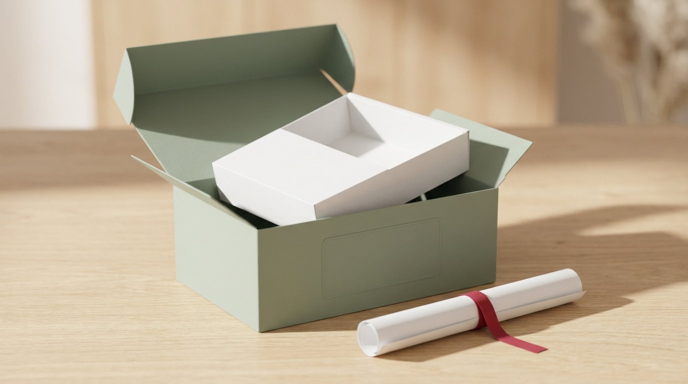 A sage health care carton open with a fitted card divider lifted out
