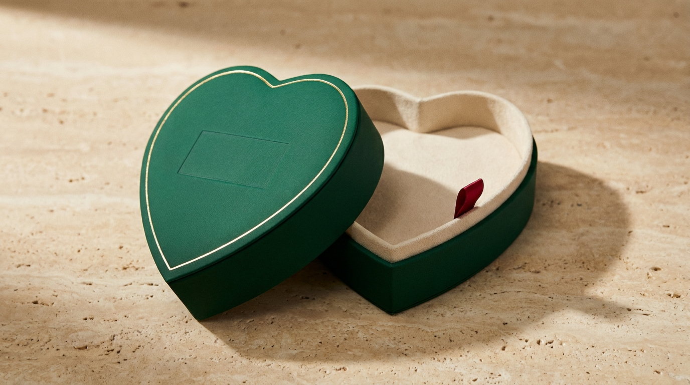 An emerald heart shaped box open with the lid resting against the base