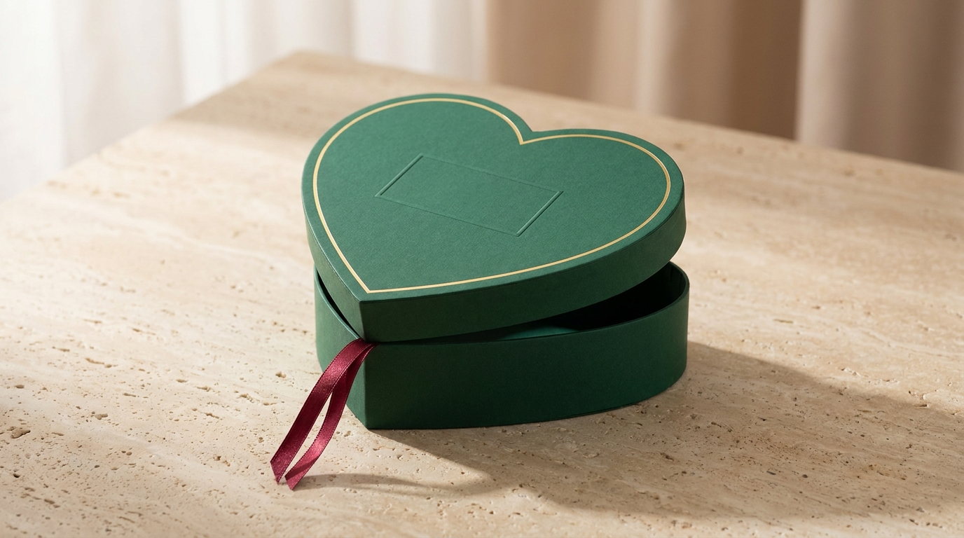 An emerald heart shaped box with the lid lifted clear of the base