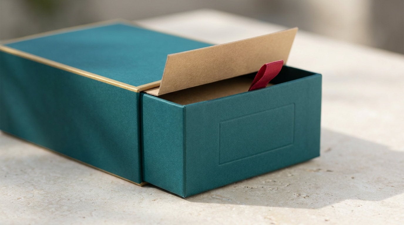 A teal hemp carton open with a kraft inner liner folded back