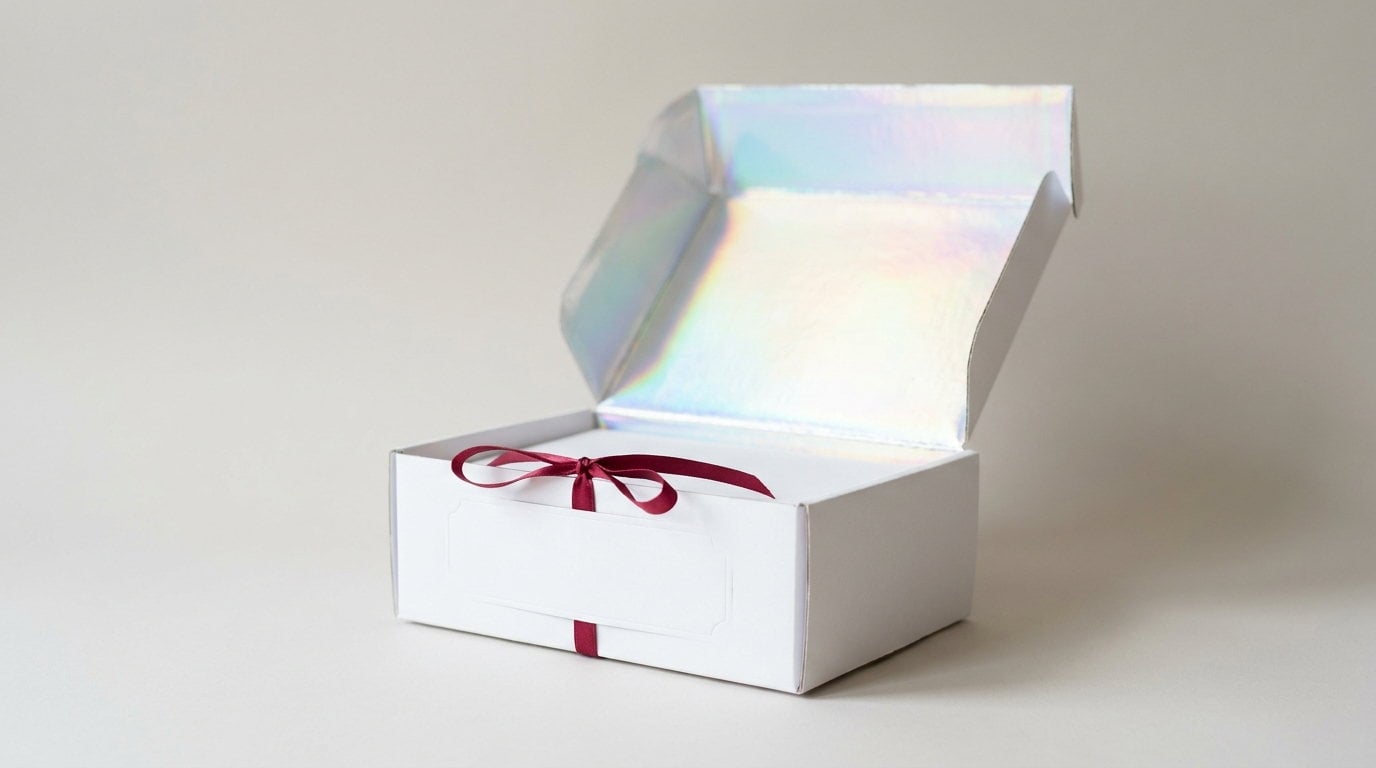 A white carton open with holographic foil catching light on the inner lid