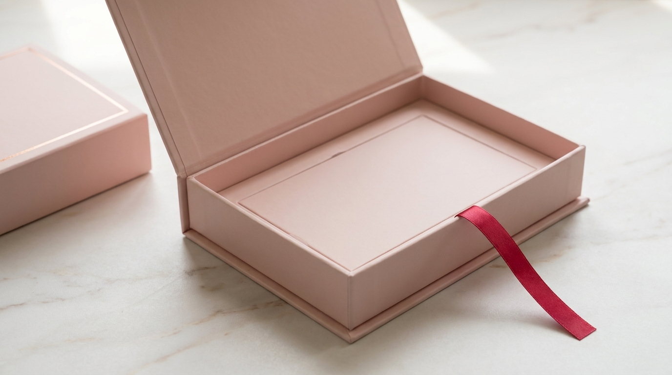 A blush rigid invitation box open with the ribbon pull lifted