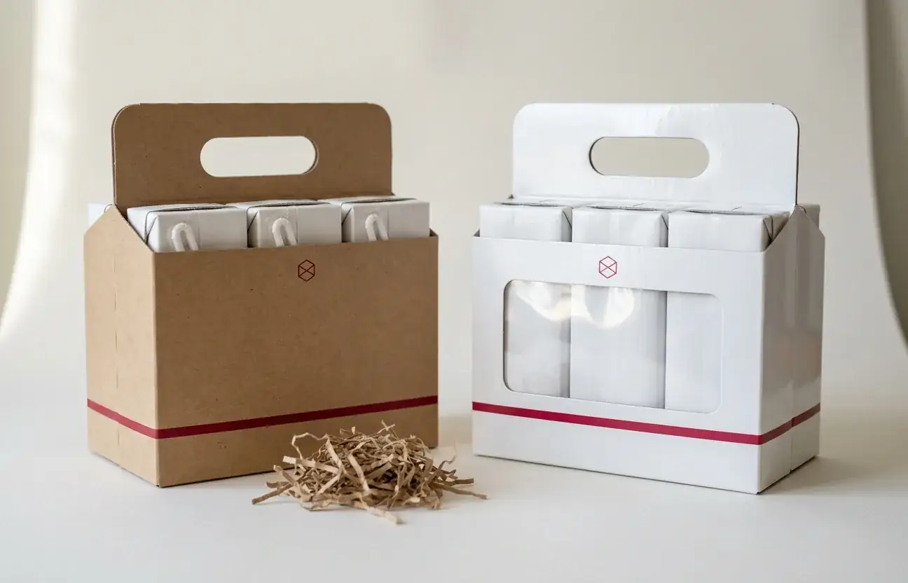 Matte kraft juice carton with aqueous coating next to a glossy film laminated carton with a plastic window