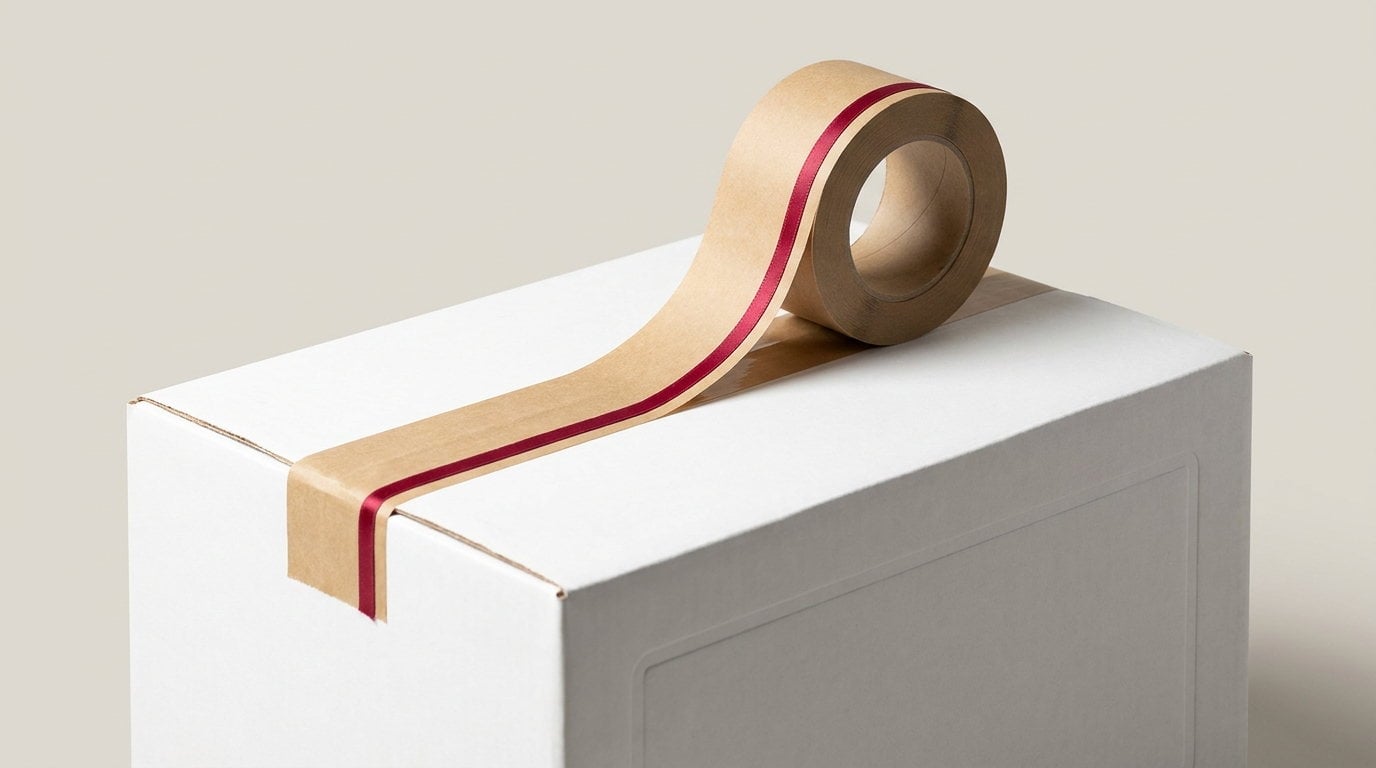 A roll of kraft paper tape partly unrolled across a carton seam