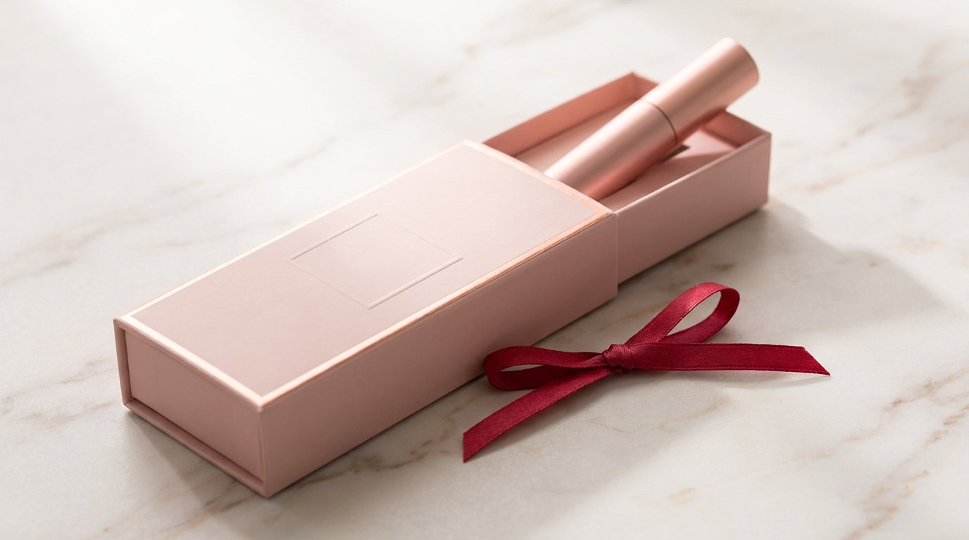 A slim blush carton open with a plain gloss wand resting across it