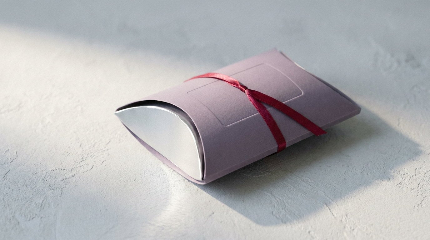 A lavender pillow box open with a silver foil inner panel