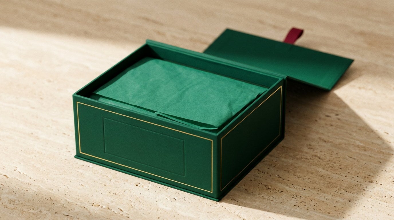 An emerald rigid box open with the magnetic lid laid back and tissue inside