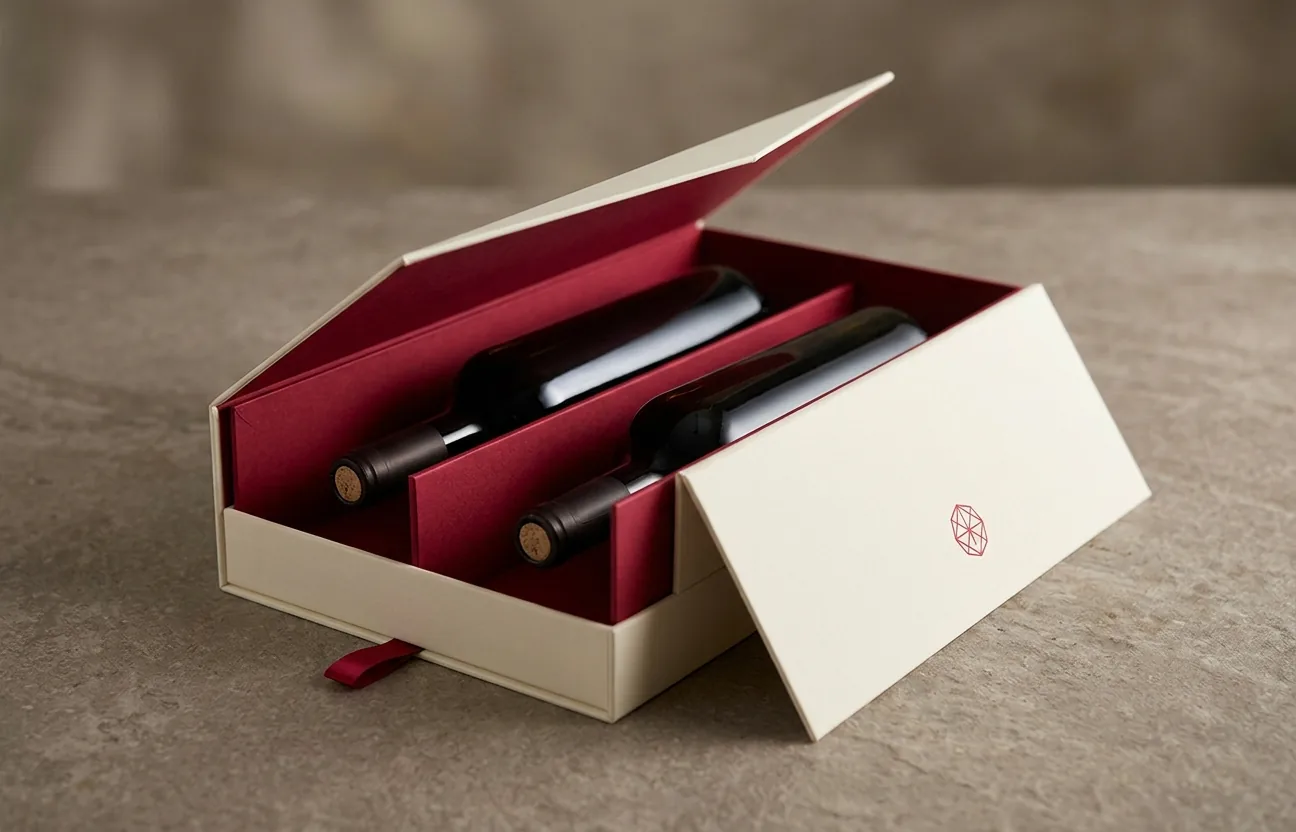 Luxury magnetic closure wine box in ivory soft touch paper holding two bottles with a crimson ribbon pull