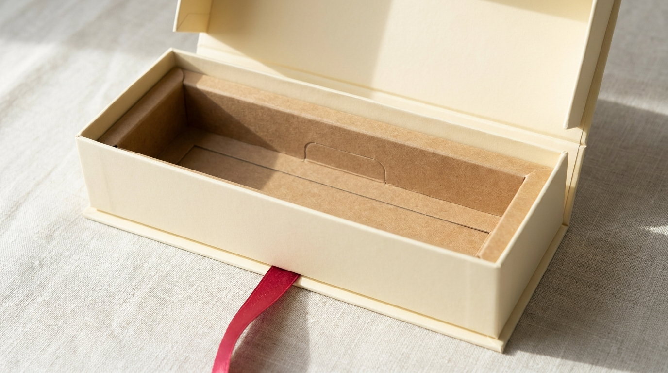 A slim macaron box open with an empty fitted divider inside