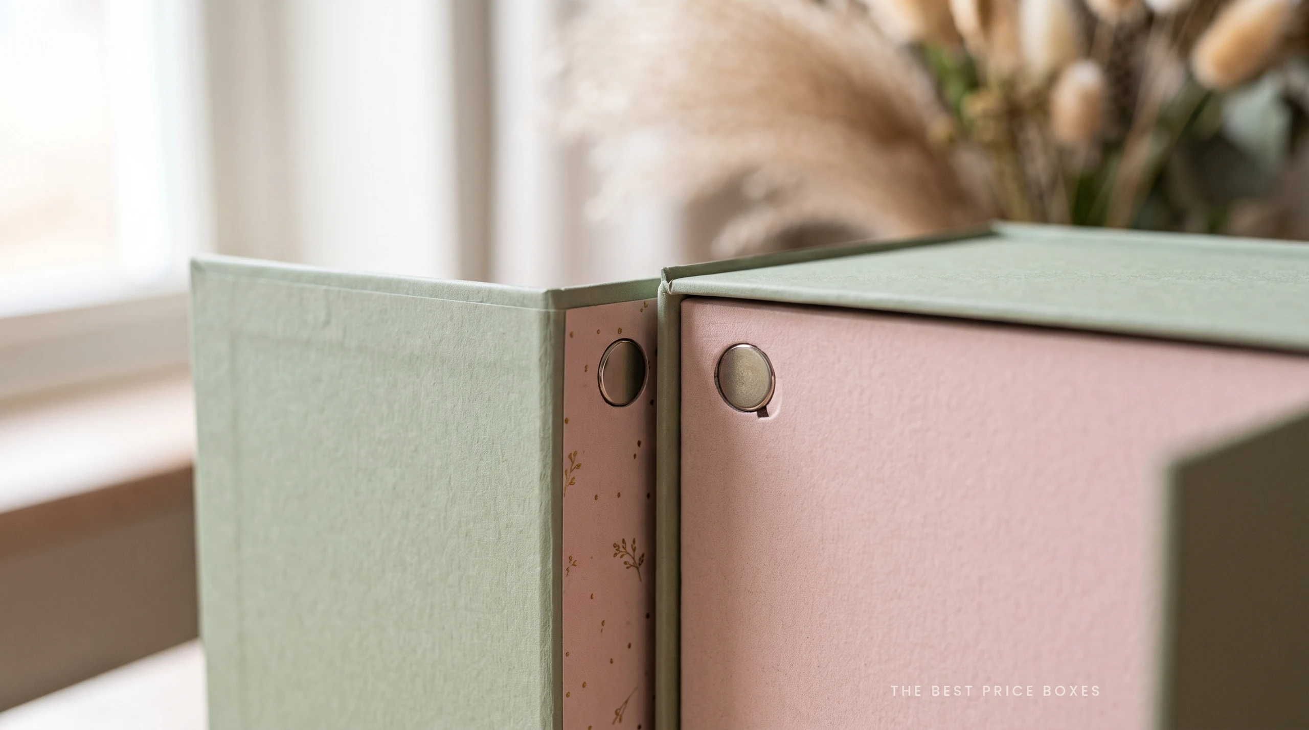 Close up of the front corner of a sage green magnetic closure box with the lid ajar, showing the two round neodymium magnets seated flush inside the flap and the wall so nothing is visible when the box is shut.