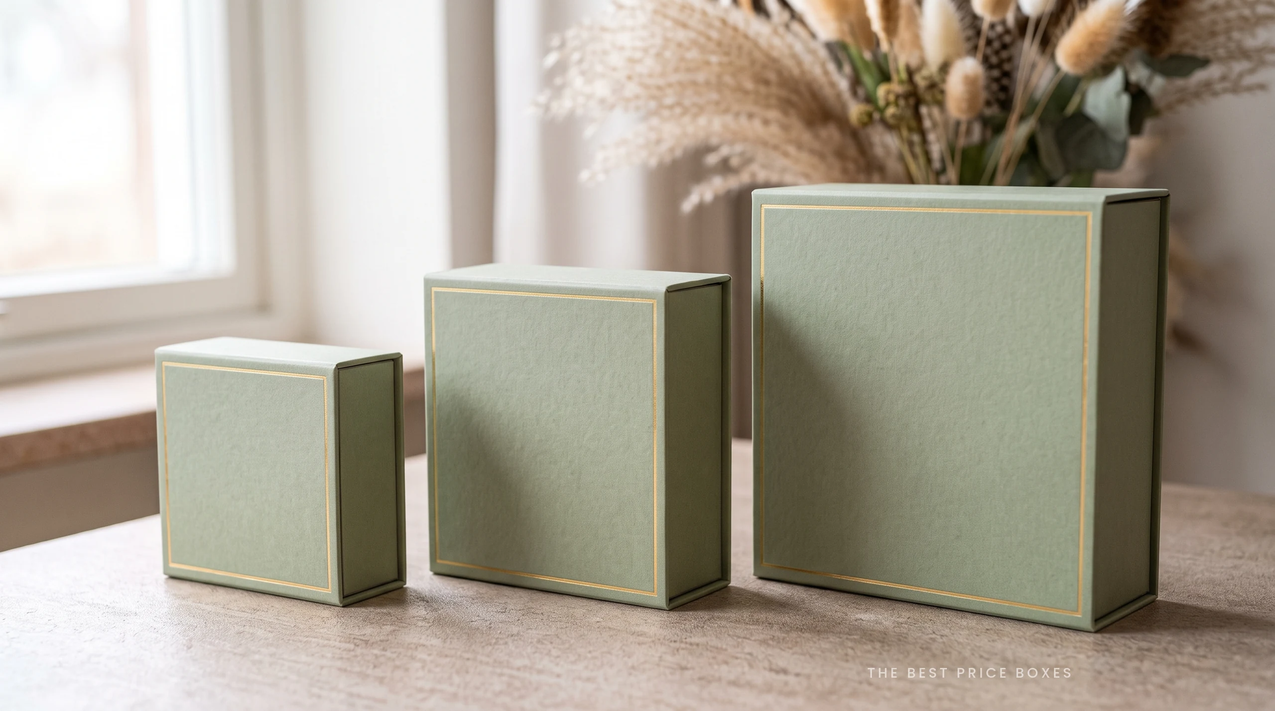 Three closed sage green magnetic closure rigid boxes in small, medium and large standing in a row on a pale oak table, each with a thin gold foil line along the lid edge.