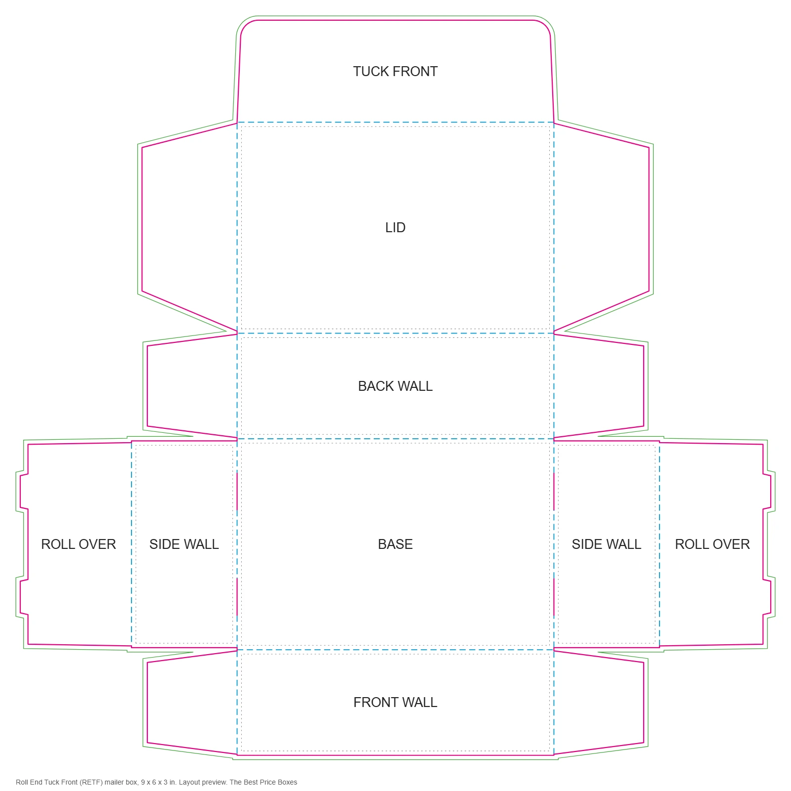 Roll end tuck front mailer box dieline template showing base, rolled side walls, lid, tuck front, cut and crease lines