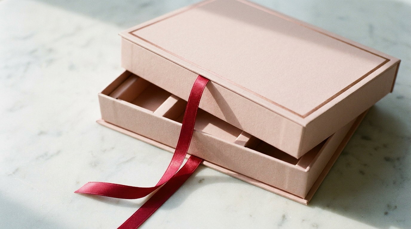 A blush rigid makeup box open with an empty compartment insert