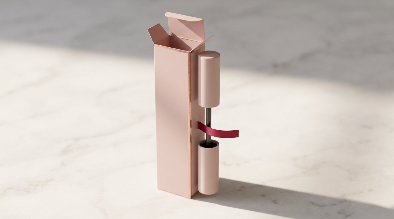 A tall blush carton with a plain mascara tube half drawn out