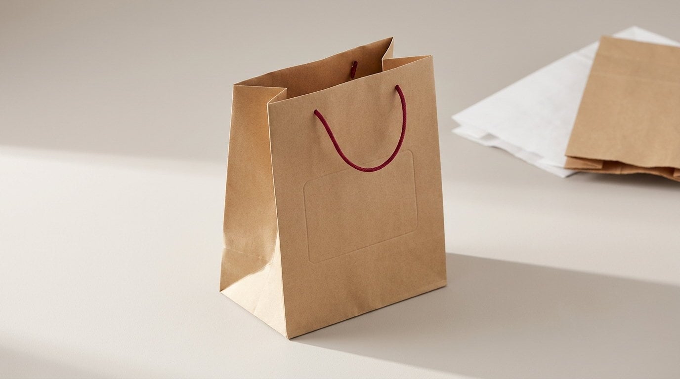 A kraft meal bag standing open with its flat base squared out