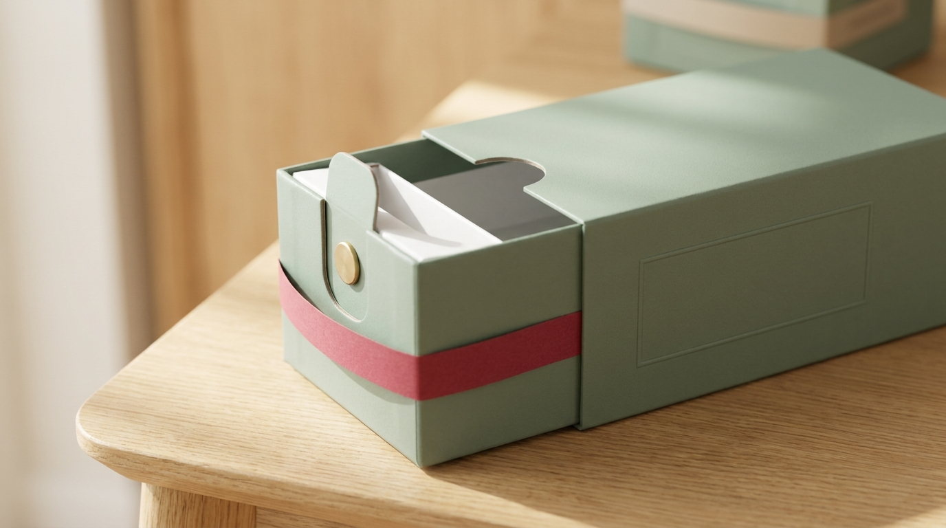 A sage child-resistant carton open with the push tab mechanism showing