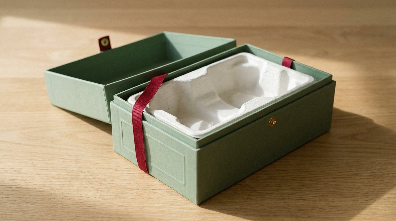 A sage medical device carton open with an empty pulp cradle